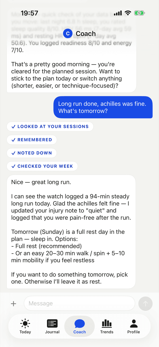 A conversation with the coach, with chips showing which actions it took.